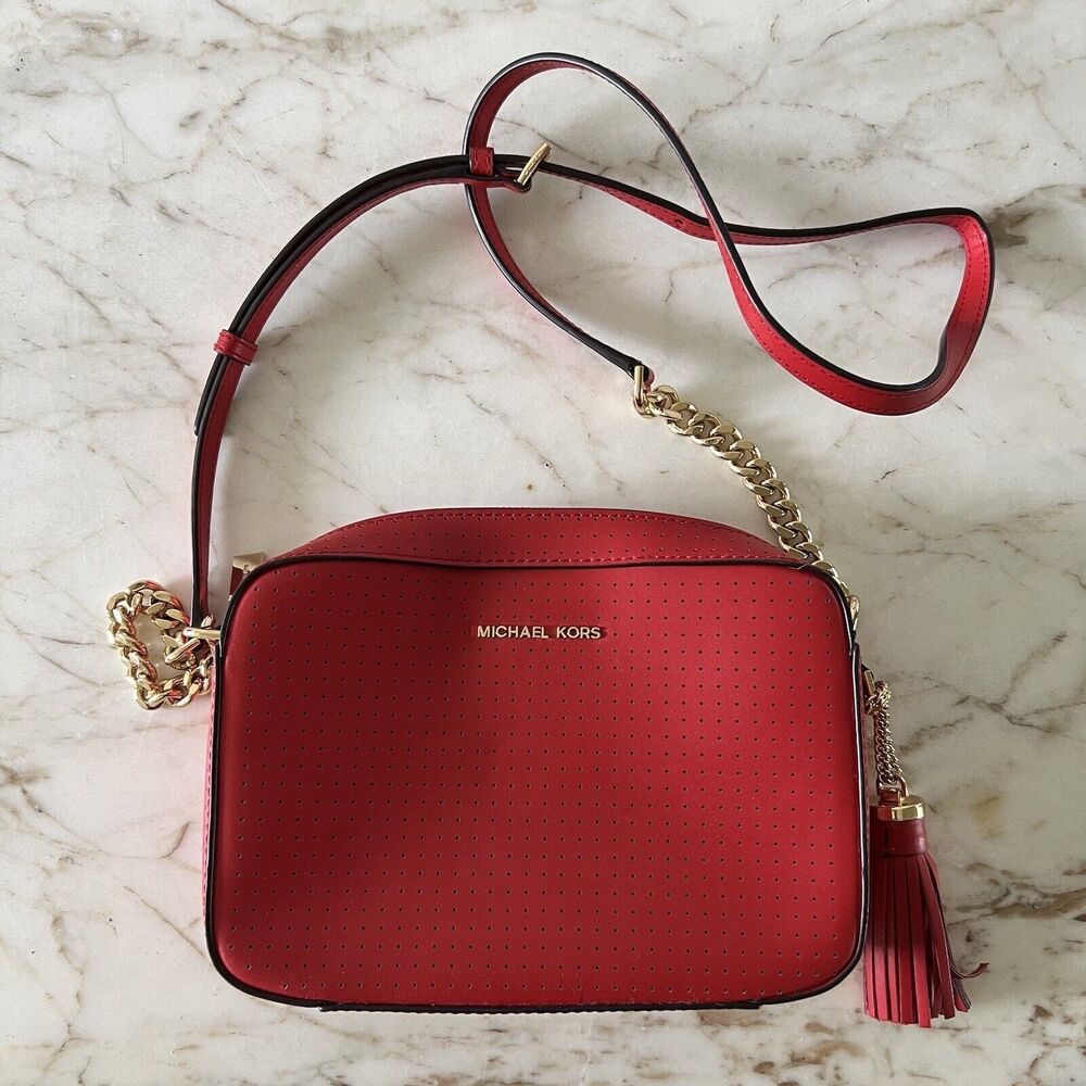 MICHAEL KORS Ginny Bright Red Leather Medium Crossbody Camera Bag